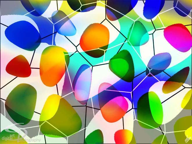 Digital Art: Different colored sweets on a beehive-like background.