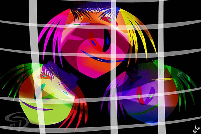 Digital Art: Colorful cartoon characters behind a white fence.