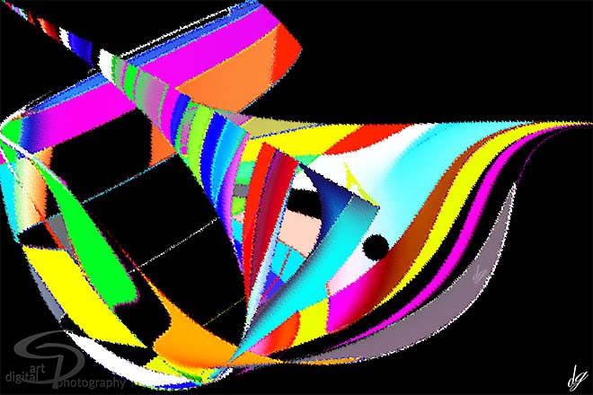 Digital Art: This digital image shows a colorful abstract illustration of a dragon.