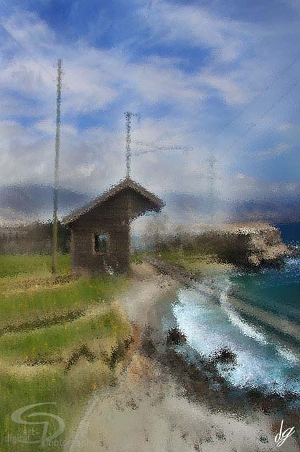 Digital Art: A collage of an old train station by the sea.