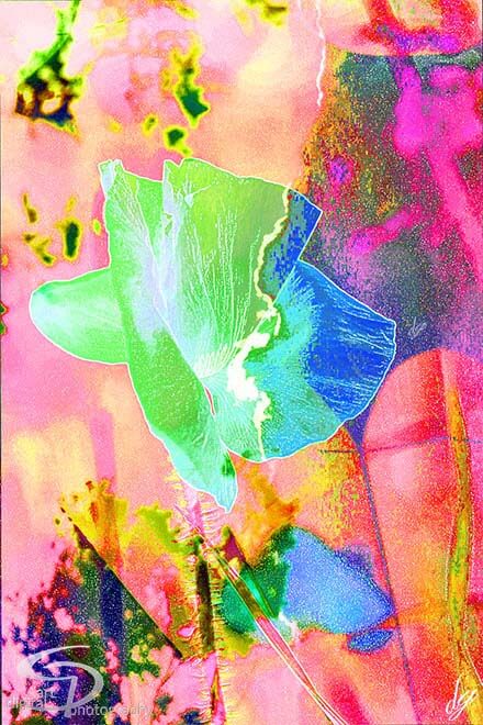 Digital Art: A green-colored flower in a pastel landscape.