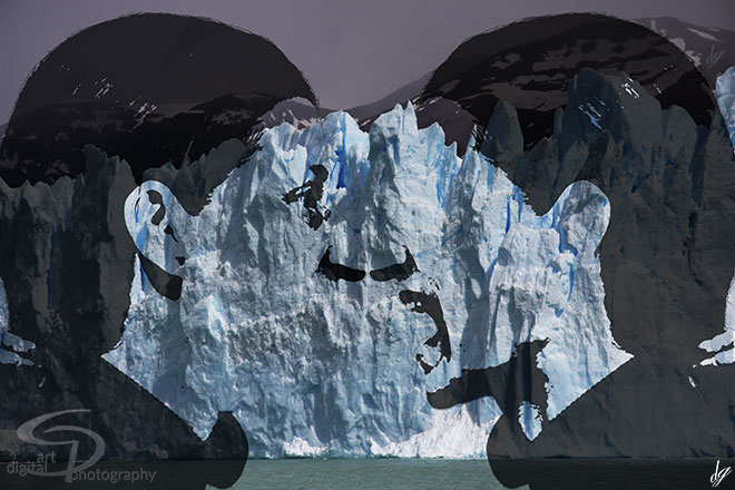 Digital Art: Melting glaciers, symbolized by the progressive destruction of two faces.