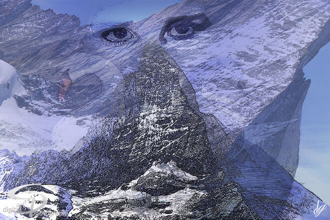 Digital Art: Dream scenery, the eyes of a woman watching The Matterhorn (Switzerland).