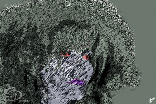 Digital Art: Red eyes protruding from the face of a mysterious creature.