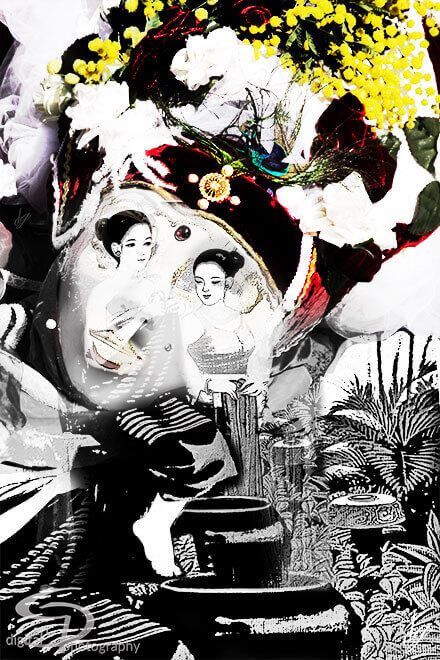 Digital Art: Two Asian-looking women locked inside the head of an older woman (Thailand).