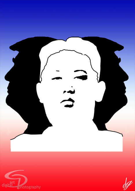 Digital Art: Kim Jong's face, surrounded on the right and left by Trump's profiles.