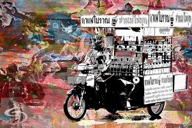 Skeleton representing death rides a tuk-tuk through Bangkok at night in a surreal urban scene.