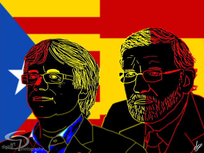 Digital Art: The two former opponents: Catalan separatist leader Carles Puigdemont and the former Spanish Prime Minister Mariano Rajoy Brey in front of the Catalan and Spanish flags.