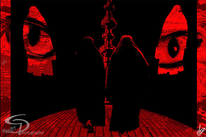 Digital Art: Huge cat's eyes watching two women in a Chador (Istanbul - Turkey).