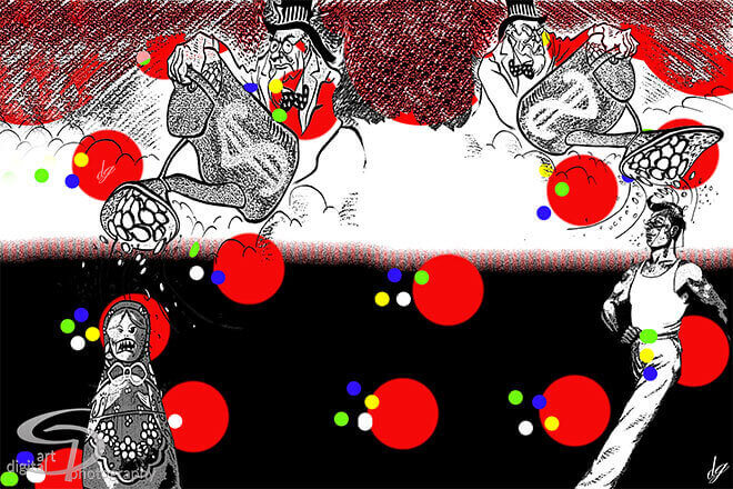 Digital Art: A surrealistic collage: money, babushka, athletics (Czech Republic).