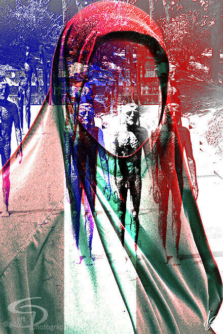 Digital Art: A woman in a Chador without a face, in which three men are reflected (Turkey).
