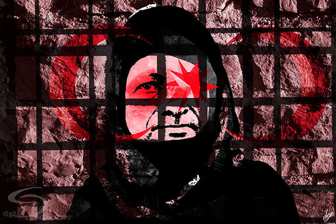 Digital Art: Recep Tayyip Erdogan behind bars wearing a hijab (Turkey).