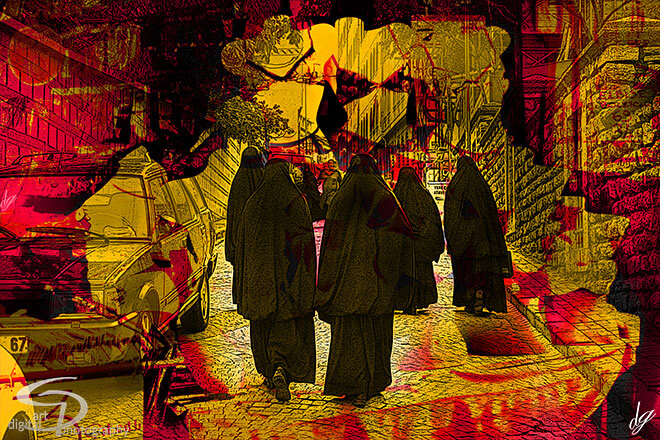 Digital Art: Walking ladies in Istanbul dressed in Chador from behind (Istanbul - Turkey).