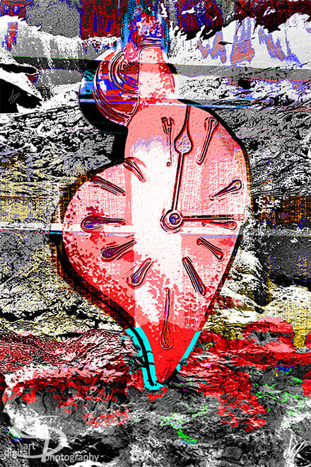 Digita Art: A shapeless clock painted in red and pink in front of a mysterious landscape (Prague).