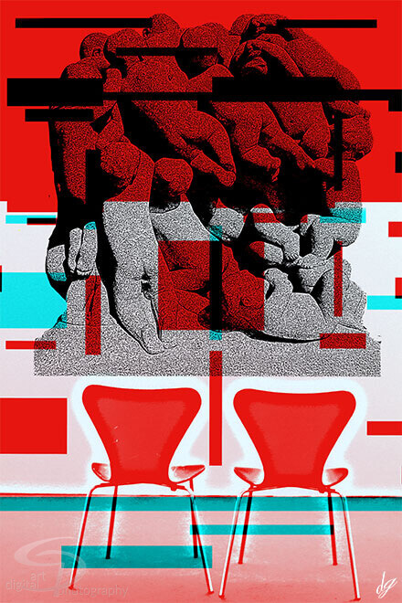 Digital Art: A collage of two lonely red chairs watching the sculpture of - The Clamoring Babies - in Vigeland Sculpture Park Oslo (Norway).