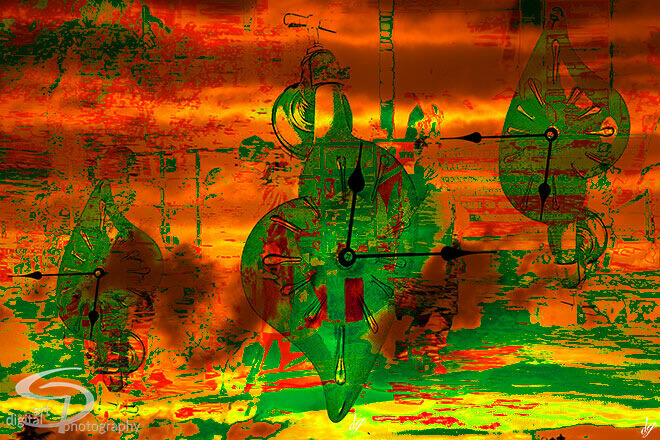 Digital Art: Three shapeless green clocks drip from a faucet (Prague)