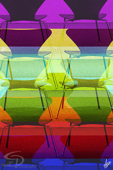 Digital Art: Different rows of chairs in normal position and upturned chairs in rainbow colors.